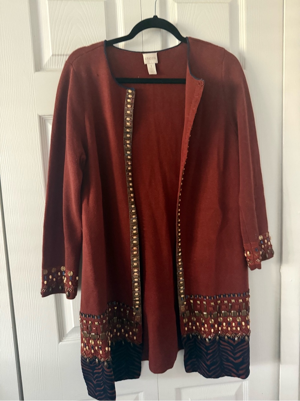 CHICO’S Rust Long Cotton duster open sweater with heavy beading